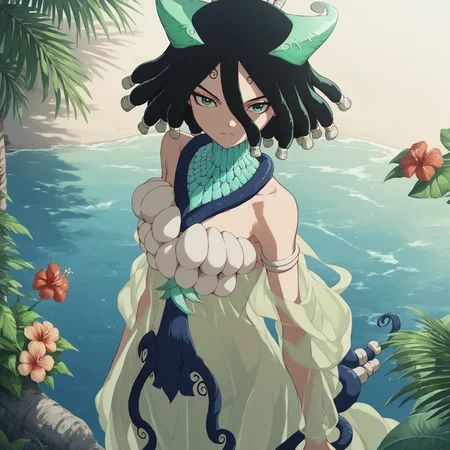 <lora:SlimesKirisame:1>, score_9, score_8_up, score_7_up, slimes_kirisame, hair between eyes, black hair, green eyes, tropical beach background