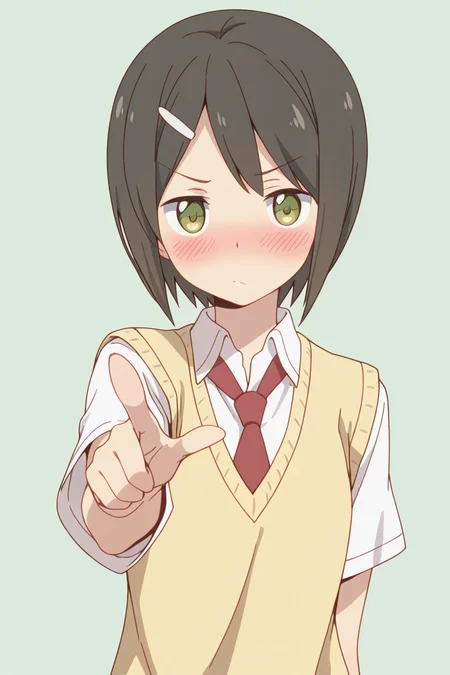 masterpiece, best quality, amazing quality,
 <lora:Kaede_IL:1> kaede, 1girl, solo, necktie, hair ornament, school uniform, short hair, sweater vest, hairclip, blush, brown hair, simple background, pointing, looking at viewer, green background