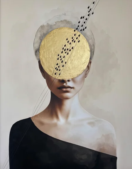 Chris Luha Art. The image is a digital painting in a surreal, abstract style. It features a stylized portrait of a woman's upper body and head. The woman's face is obscured by a golden, textured surface with a metallic sheen, giving it a reflective quality. This golden area is overlaid with a pattern of small, black, stylized fish swimming upwards, creating an abstract, almost ethereal effect. <lora:Chris_Luka:1>