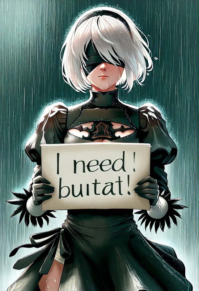 rain, 1girl,2b, nier automata, yorha, android, white hair, short hair, black blindfold,need_buzz, holding sign,rainbow dress,wet clothes, wet hair