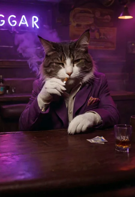 best quality, 4k, hd, a cat in a bar looking nostalgic smoking a cigar and drinking alcohol, low light, ray tracing, smoke, purple_(theme), white neon lights, melancholic, wide angle, cowboy shot.