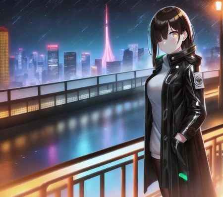 woman, solo, eyes, trenchcoat, hair highlights, masterpiece, caustics, depth of field, reflective, neon lights, steam, city, night, android