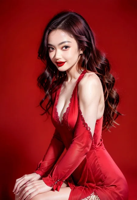 ((Kebaya:1.2), long sleeve, low cut, v neck), (JDMAI_ARMPIT_SHOW:1.5), pureerosface_v1, (showing both armpits:1.5), (dynamic lightning:1.2), 4k, HD, Hi res, cinematic masterpiece, photographic masterpiece, XXX, thighs up, (simple red background:1.5), (blurry background:1.2), (sharp focus on object:1.2), (1girl, 24 years old, goddess, beautiful, supermodel, Instagram model, wavy hair, natural make-up, red lips), sitting on a stool, clean shaven armpits, waxed armpits, 40GG cups breast size, natural breasts shape, light muscle tone, fit body, six-pack abs, soft skin, unblemished skin, pale white skin tone, contrapposto pose, leaning forward, bowing slightly forward, back arching, seductive facial expression, smiling, looking at viewer,
