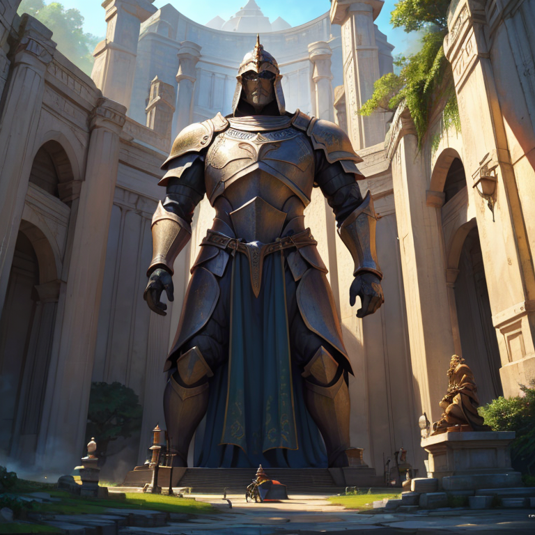 hires,high resolution, masterpiece, best quality, <lora:Grand Scale:1>, grandscale, temple, giant stone knight statute,, knight made of stone, guarding, giant door,  leaning on sword, forest, overgrown temple, overgrown statue, massive door,  adventurer, crossed arms