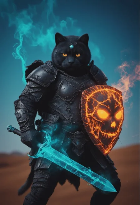 An action scene shot captures a dark, menacing towering fluffy black cat knight in the heat of an intense, action-packed battle, reminiscent of gritty realism from an old analog camera. The knight’s intricately designed, battle-worn helmet reflects the eerie magical, ethereal glow of its weapon—a massive, twisted sword. The blade crackles with dark energy, gathering ominously at its tip, where a glowing orb of faded blue light pulses with immense, destructive power. This energy radiates along the blade, casting a ghostly blue glow that illuminates the knight’s helmet and armor, creating stark contrasts between light and deep shadows. In its other paw, the cat wields a terrifying shield adorned with jagged, twisted patterns and a ghastly visage that seems to stare into the souls of its enemies. The shield emanates a sense of foreboding, as if cursed by dark magic, enhancing the overall terror of its presence. The glow from the sword accentuates the intricate details of the shield, casting long shadows that flicker across the lone desert battlefield amidst the dunes.