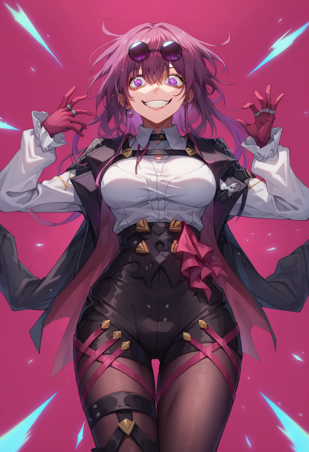 score_9, score_8_up, score_7_up, source_anime,
BREAK
<lora:shigojoenV1:0.7>, gojoenrng, crazy eyes, crazy smile,
<lora:kafuka-pony-Tanger:0.8> kafuka, eyewear on head, breasts, gloves, sunglasses, white shirt, bangs, purple hair, long hair, long sleeves, purple eyes, jacket, pantyhose,
looking at viewer,