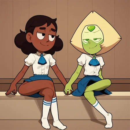 score_9, score_8_up, score_7_up, score_6_up, score_5_up, score_4_up, BREAK, source_anime, connie_maheswaran, indoors, school, small breasts, peridot, 2 girls, smile, smug, white button up shirt, blue skirt, blue ascot, sitting, white socks, holding hands, crossed legs