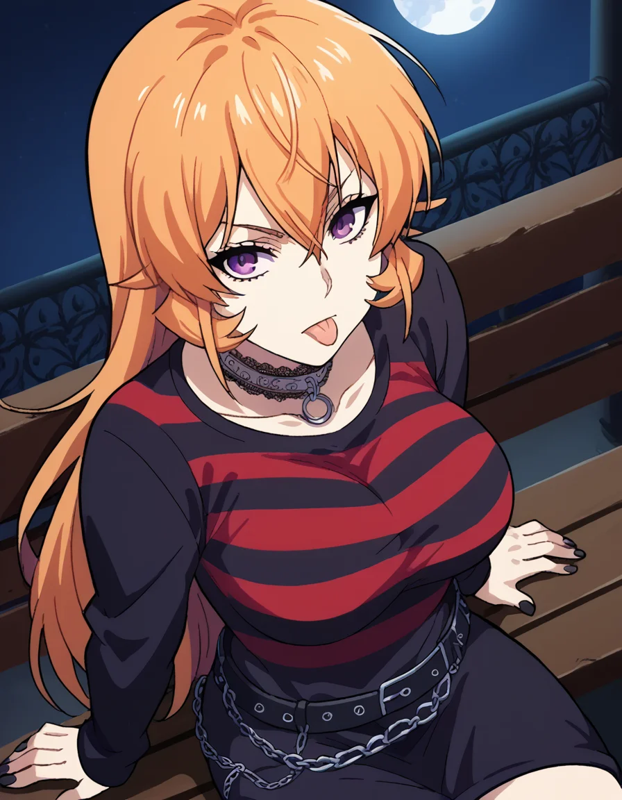 score_9, score_8_up, score_7_up, source_anime, <lora:erina-nakiri-s1-ponyxl-lora-nochekaiser:1>, erina nakiri, long hair, orange hair, purple eyes, hair between eyes, large breasts, <lora:emo-fashion-ponyxl-lora-nochekaiser:1>, emo fashion, torn sweater, two-tone sweater, sweater under shirt, striped sweater, lace-trimmed choker, belt chain, red sweater, black sweater, goth fashion, street, night, moon, sitting, bench, from above, tongue out, cowboy shot, looking at viewer