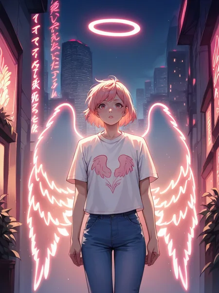 score_9, score_8_up, score_7_up, score_6_up, score_5_up, source_anime, <lora:n30nw1ngsXLP2:0.8> n30nw1ngs, neon light wings, wings, angel, cityscape, jeans, t-shirt, halo, pink