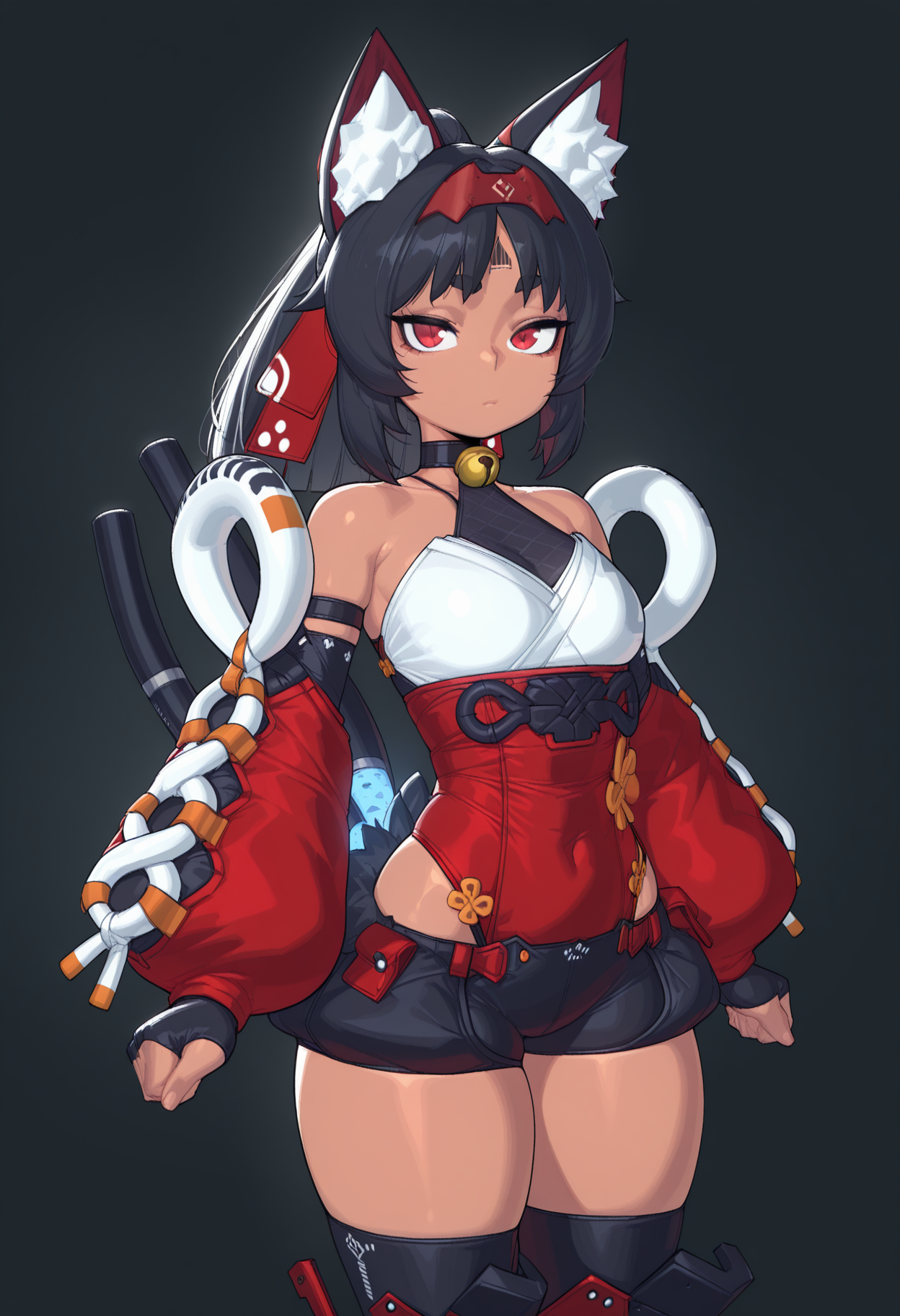 score_9_up, score_8_up, score_7_up, score_6_up, 1girl, solo, alone, masterpiece, best quality, high quality, simple background, abstract background, dark background, <lora:krekkov_style_ilxl_goofy:1>, krekkov style, <lora:Nekomiya_Mana_V2:1>, 1girl, Nekomiya Mana, solo, forehead tattoo, cat ears, red hair band, black hair, ponytail, red ponytail lace, red eyes, narrow waist, curvy, good anatomy, choker, cat bell, black mesh, white top, red sash, detached sleeves, red sleeves, white sleeve laces, fingerless gloves, black shorts, black thigh highs, futuristic shin covers, red metallic boots, high heels, cat paw boots, tail fluff, two tails, blue tail leds, cowboy shot, looking at viewer, closed mouth,