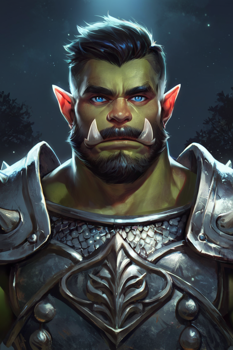 score_9, score_8_up, score_7_up, rating_safe, 1boy, solo, male focus, mature male, orc, green skin, tusks, blue eyes, short hair, black hair, facial hair, beard, mustache, looking at viewer, armor, shoulder armor, breastplate, pauldrons, chainmail, upper body, closed mouth, standing, outdoors, night, night sky, dark background <lora:Concept Art Ultimatum Style LoRA_Pony XL v6:1>