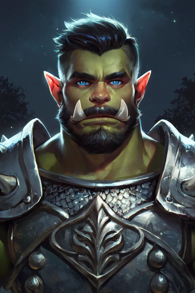 score_9, score_8_up, score_7_up, rating_safe, 1boy, solo, male focus, mature male, orc, green skin, tusks, blue eyes, short hair, black hair, facial hair, beard, mustache, looking at viewer, armor, shoulder armor, breastplate, pauldrons, chainmail, upper body, closed mouth, standing, outdoors, night, night sky, dark background <lora:Concept Art Ultimatum Style LoRA_Pony XL v6:1>