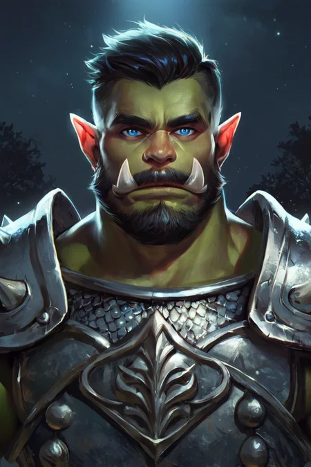 score_9, score_8_up, score_7_up, rating_safe, 1boy, solo, male focus, mature male, orc, green skin, tusks, blue eyes, short hair, black hair, facial hair, beard, mustache, looking at viewer, armor, shoulder armor, breastplate, pauldrons, chainmail, upper body, closed mouth, standing, outdoors, night, night sky, dark background <lora:Concept Art Ultimatum Style LoRA_Pony XL v6:1>