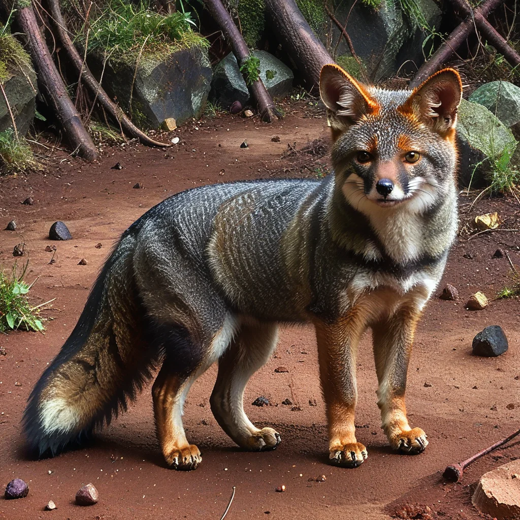 incredibly absurdres,solo,photorealistic,darwinsfox,dark gray fur,dark gray face,feral,detailed background,looking at viewer,outdoors,standing on ground,<lora:Foxes_-_Multiple_Species:1>,
