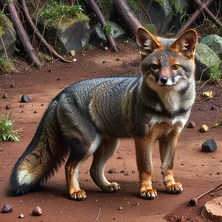 incredibly absurdres,solo,photorealistic,darwinsfox,dark gray fur,dark gray face,feral,detailed background,looking at viewer,outdoors,standing on ground,<lora:Foxes_-_Multiple_Species:1>,