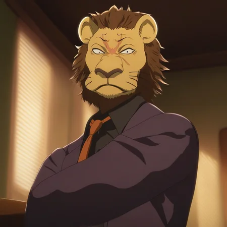score_9_up, score_8_up, score_7_up, high quality, detailed, source_cartoon, male, solo male, 1boy, mature male, anthro, lion, x scar on face, scar, tan yellow fur, light brown mane, brown hair, short spiky mane, black eyes, sharp teeth, animal ears, beastars, athletic build, dark purple suit, black collared shirt, orange tie, black dress shoes, looking at viewer, scowl, indoors, office, half-body, bust shot