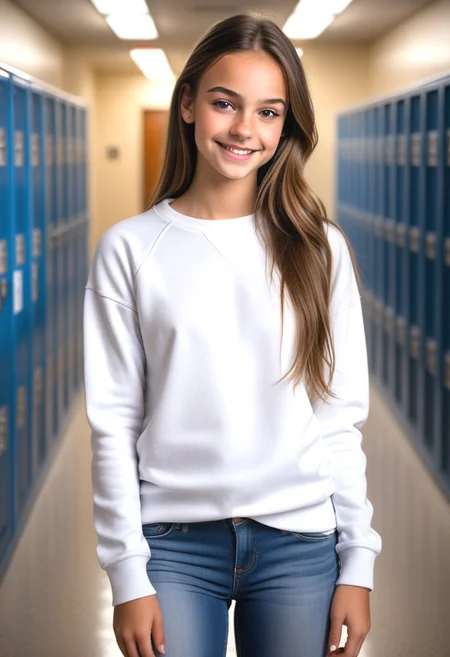 high quality photograph, photorealistic, hyperrealistic, masterpiece, 8k resolution, highres, high detail, sharp focus, detailed skin, 8k uhd, 1girl, solo focus, 18 years old, (Alyssa), dan1ela-001, Latina skin tone, upper body photograph, cute, petite, (very thin:1.5), lanky, tall, slender, adorable, shy smile, perfect teeth, innocent expression, heavy droopy eyelids, standing, playful pose, looking at viewer, white sweatshirt, ((tight jeans)), long brown hair, straight hair, in a school hallway with lockers in the background