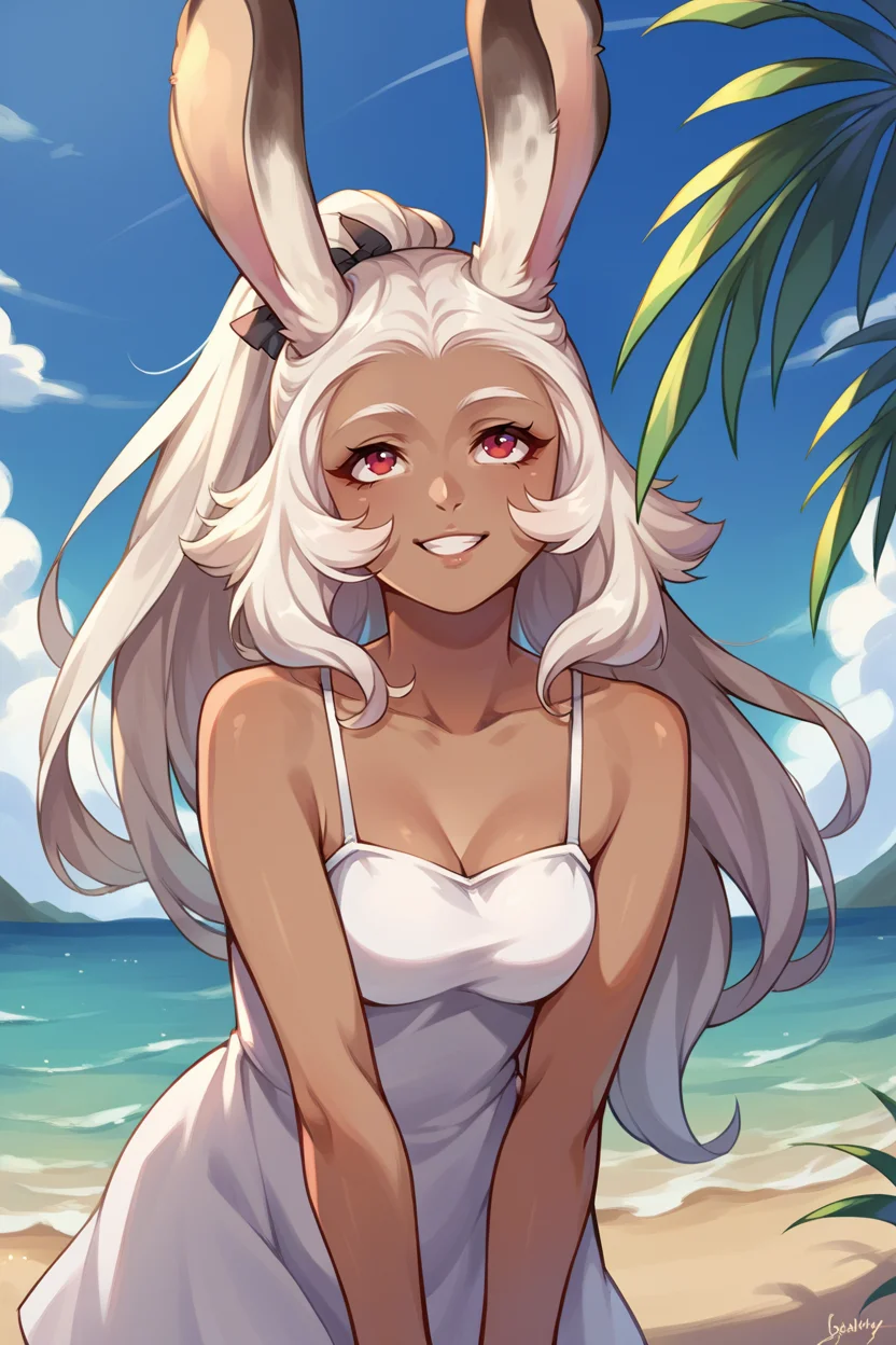 score_9, score_8_up, score_7_up, source_anime BREAK 1girl, solo, <lora:ff12fran-pdxl-nvwls-v1:1> ff12fran, viera, rabbit ears, dark skin, white hair, long hair, white sundress, hair ribbon, beach, blue sky, looking up, smile, medium breasts
