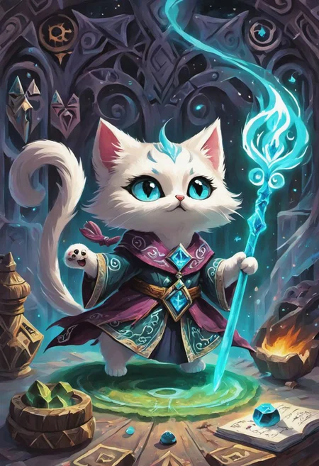 artwork of a {An enchanting image featuring an adorable kitten necromancer wearing intricate ancient robes, holding an ancient staff, hard at work in her fantastical workshop, intricate runic symbols swirling around her, it's clear that she's busy casting a powerful spell. Her fluffy tail sways gently as she concentrates on the task at hand, adding to the whimsical atmosphere of this magical scene. The soft lighting and detailed surroundings create an immersive environment where imagination runs wild. This charming artwork is sure to delight fans of both kittens and fantasy worlds alike, transporting them into a realm filled with wonder and possibility, by (artem demura:1.36)}, by (artem demura:1.36), detailed background, masterpice, trending on artstation, best quality, 4k textures, ultra detailed
