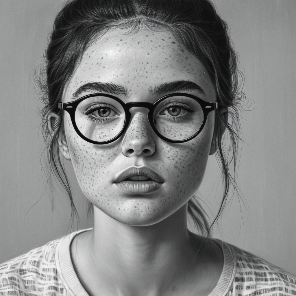 <lora:add-detail-xl:1>
 <lora:detailed:0.3>
<lora:perfection style:0.3>
 <lora:xl_more_art-full_v1:0.3>
 <lora:drawing style:0.8>
A drawing of a woman with glasses and freckles on her face,1girl,solo,looking at viewer,closed mouth,monochrome,greyscale,glasses,lips,portrait,close-up,realistic,round eyewear , drawing style