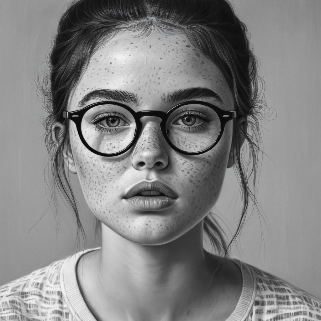 <lora:add-detail-xl:1>
<lora:detailed:0.3>
<lora:perfection style:0.3>
<lora:xl_more_art-full_v1:0.3>
<lora:drawing style:0.8>
A drawing of a woman with glasses and freckles on her face,1girl,solo,looking at viewer,closed mouth,monochrome,greyscale,glasses,lips,portrait,close-up,realistic,round eyewear , drawing style