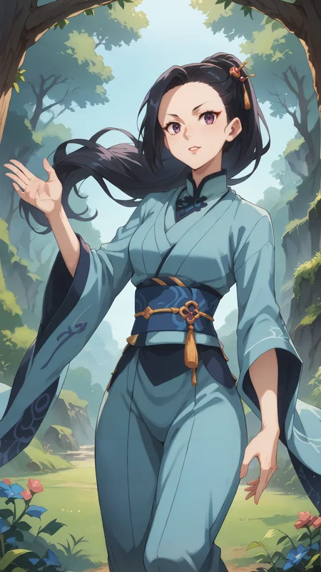 score_9,score_8_up,score_7_up,score_6_up, source_anime, zPDXL, <lora:xl_more_art-full_v1:0.5>, <lora:Wakfu_CartoonV02:0.5>, woman, long hair, black hair, ponytail, hairpin, purple eyes, blue kimono, blue obi, <lora:Sairitz Kahara - Pony-000004:0.8>, twirling pose, dynamic pose, forest, overgrown, vines, tall grass,
