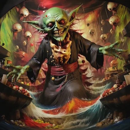 score_9, score_8_up, score_7_up,
solo goblin, alchemist, surgeon,
green skin, red eyes, big smile, eyepatch, laughing,
pirate hat, brown pant, white shirt,
throw bombs, dancing,
pirate boat, beach <lora:Path_goblin:0.2> path_goblin, with, knife <lora:EdobHorrorLandscape_XL_v1.0:1.8> horror (theme)