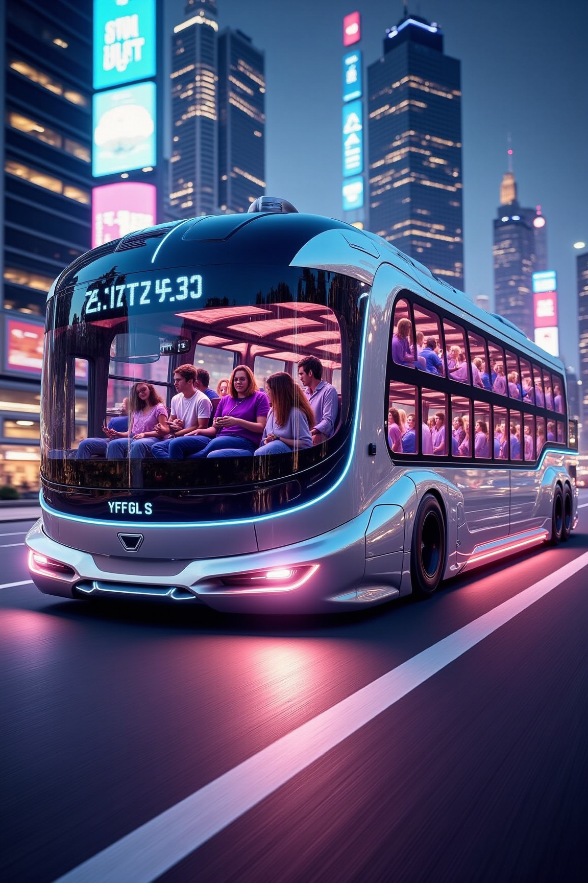YFG-R1gs, Imagine a sleek, silver bus hurtling through a neon-lit cityscape at breakneck speeds, its transparent panels revealing passengers enjoying augmented reality entertainment as they zip past towering skyscrapers and glowing advertisements.