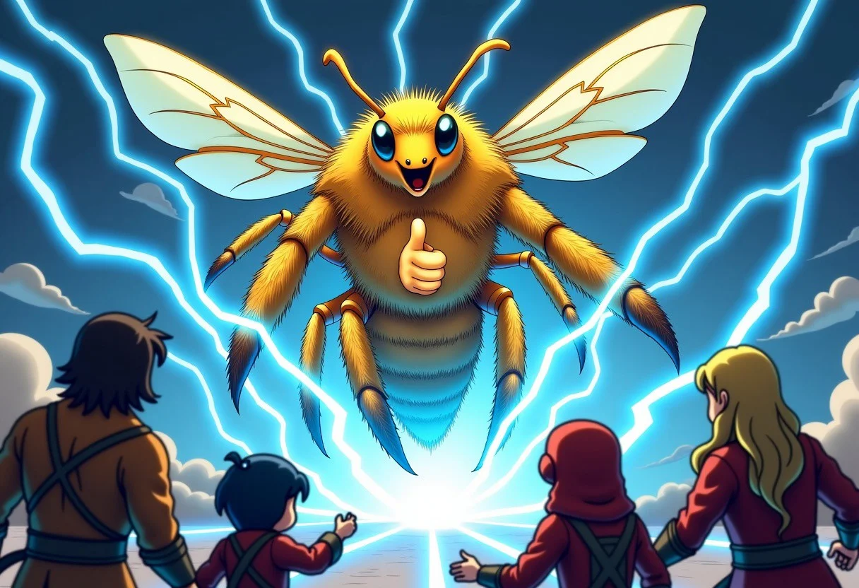 An anime style Dungeons and Dragons adventuring party of five people fighting an enormous golden bee surround by blue lightning emojis. He has a thumbs up emoji engraved on his chest.
The party is attacking the bee. The bee is breathing out a large amount of blue bolt emojis.
