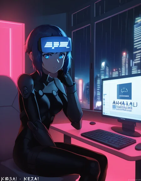score_9,  score_8_up, score_7_up, source_anime
<lora:kusanagi-arise-ponyxl-000060:1> kusamoar, black bodysuit, head-mounted display,
1girl, sitting, pose, worried, looking at viewer, streamer, window, night city, raindrops, rainy, volumetric lighting, mood lighting, gaming computer in background, glowing computer monitor, neon lights, glowing lights, video games
