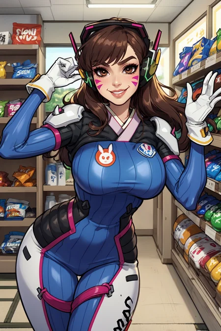 (1girl:1.3), (solo:1.2), curvy, (masterpiece:1.2), (best quality:1.2), (dynamic pose:1.4), (confident:1.2), smile
<lora:BlushySpicy [MockAi - v1.0]:0.8> blushyspicy, thick lineart, cute, pinup, vibrant colors, (large breasts:1.4), (cowboy shot:1.2), <lora:D.va [h_madoka - v1.0]:0.75> aahana, long hair, brown hair, headphones, whisker markings, shoulder pads, blue bodysuit, ribbed bodysuit, animal print, clothes writing, long sleeves, white gloves, (japanese convenience store:1.4), (inside:1.3), modern, (konbini), shelves, groceries,