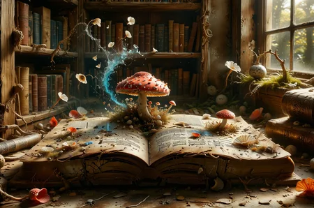 Cryptic message: A weathered book lies open on a dusty shelf in a forgotten library. Its pages are filled with swirling symbols and cryptic illustrations of fantastical creatures. A single fly agaric mushroom with a cap resembling an eyeball rests on the open page, its stem a spindly finger pointing towards a specific passage. (Photorealistic, shallow depth of field, high contrast)
award winning artwork,
many details, extreme detailed, full of details,
Wide range of colors., Dramatic,Dynamic,Cinematic,Sharp details
Insane quality. Insane resolution. Insane details. Masterpiece. 32k resolution.
<lora:add-detail-xl:0.95> <lora:casting shadow style v2:0.1> casting shadow style, cucoloris patterned illumination <lora:CinematicStyle_v1:0.1> <lora:Disturbia:0.1> <lora:dvr-lnds-sdxl:0.1> dvr-lnds-sdxl <lora:Glowstick_SDXL:0.1> mad-glowstick <lora:MJ52:0.2> <lora:princess_xl_v2:0.1> <lora:ral-anmwrlds-sdxl:0.1> ral-anmwrlds <lora:ral-apoctvisn-sdxl:0.1> ral-apoctvisn <lora:ral-cltc:0.1> ral-cltc <lora:ral-dissolve:0.1> ral-dissolve <lora:ral-ertmsphr:0.1> ral-ertmsphr <lora:ral-fluff:0.1> ral-fluff <lora:ral-fntsyrlms-sdxl:0.1> ral-fntsyrlms <lora:ral-mtclniscp-sdxl:0.1> ral-mtclniscp <lora:ral-porcelain:0.31> ral-porcelain <lora:ral-pxlprtcl:0.1> ral-pxlprtcl <lora:ral-vlntxplzn:0.1> ral-vlntxplzn <lora:ral-vbrntacyl-sdxl:0.1> ral-vbrntacyl
