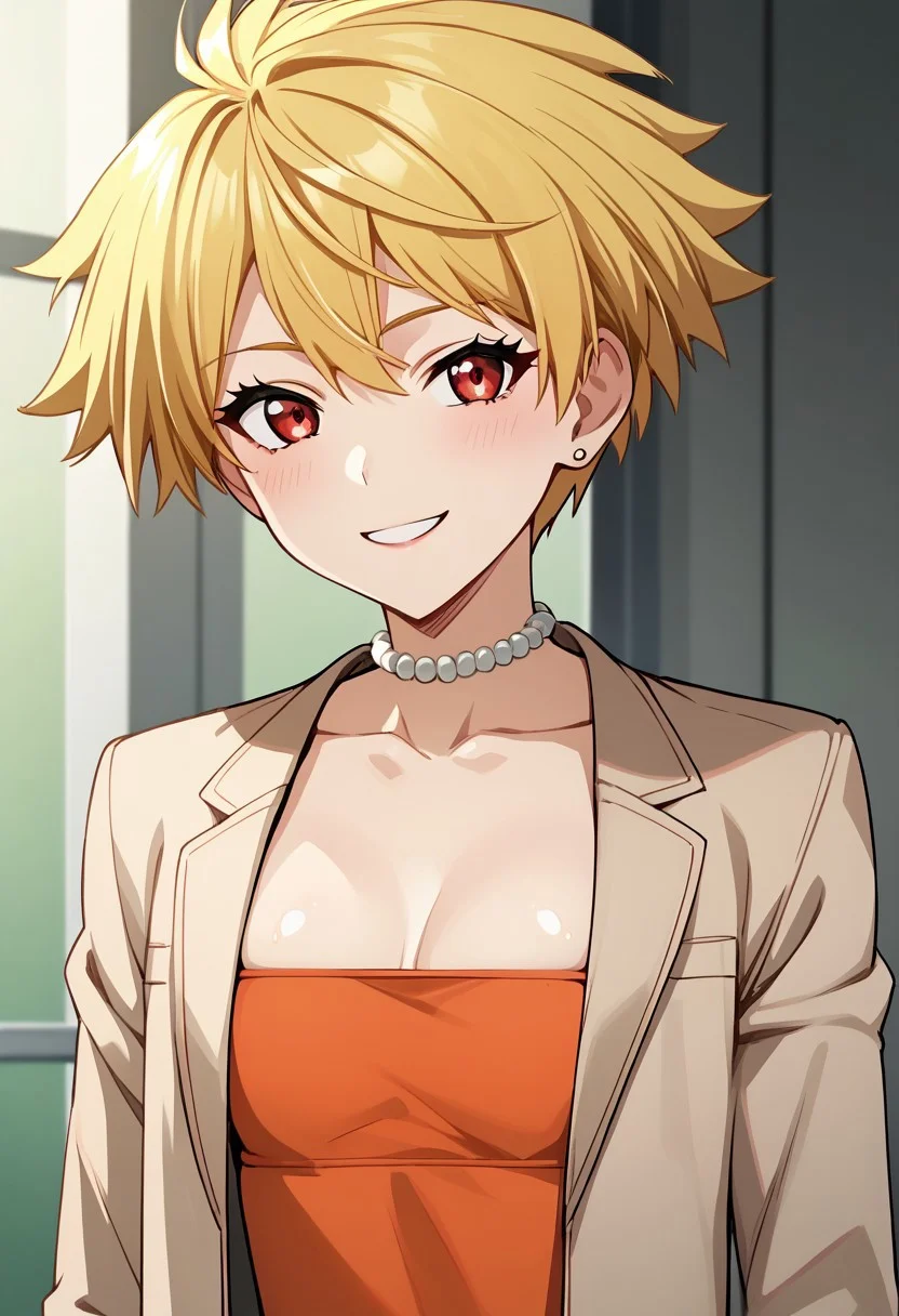 score_9, score_8_up, score_7_up, deep skin, shiny skin, (skindentation), (((highres))), (highly detailed, high resolution), , high quality, highres, source_anime, animification, anime screencap, saturation, vivid colors,, smile, cute, , sexy, LisaSimDT, 1girl, blonde hair, red eyes, short hair, brown jacket, strapless dress, orange dress, jewelry, necklace,, solo, smile