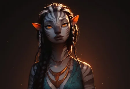 safe_pos, score_9, score_8_up, score_7_up, score_6_up, 1girl, gorgeous girl , kawai girl , Centaur, centaur, Avatar navi alien with white skin, cute face ,beautiful eyes, long tail, black zebra striped skin , (((large braided hair))) , ((golden necklace)), primitive open vest made of leaves, small breasts, cleavage, (slim fit), pose , boob focus , bioluminescent fireflies, dark background, perfect lighting,