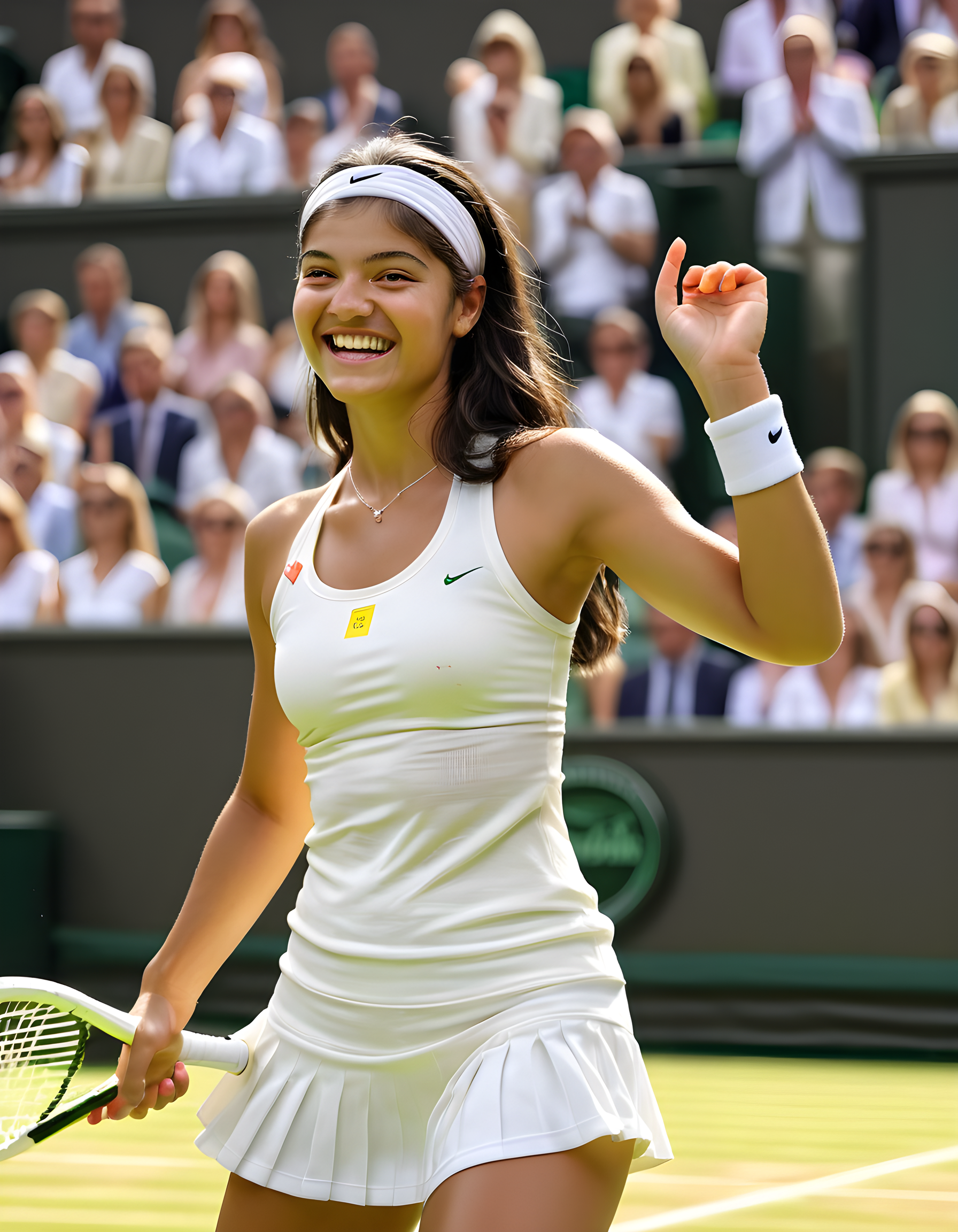 emmaraducanu, In a vibrant early morning light, tennis champion Emma Raducanu is captured in a candid moment at Wimbledon's center court. Her long, wavy black hair cascades around her shoulders as she gazes intently at the viewer with a determined expression, her radiant smile revealing perfectly white teeth. She wears a crisp, white tennis outfit accentuated by pops of color from her sneakers and a stylish headband. The iconic green grass court, adorned with pristine white lines, stretches out behind her, while the towering stands filled with spectators create a breathtaking backdrop to this inspiring portrait.