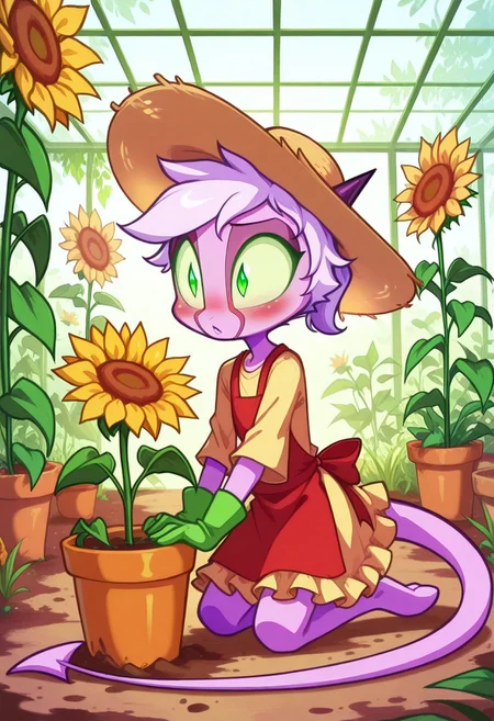 Dreamkeepers,1girl,Prelude_Namah,solo,demon tail, green eyes, horns,
child, kid,
kneels in a sunlit greenhouse, dirt smudged on her nose and apron as she fumbles with a potted sunflower, her oversized gardening gloves slip off her hands, and her straw hat tilts precariously, held in place only by a ribbon tied under her chin. A ladybug crawls up her sleeve unnoticed, and her eyes widen in panic as soil spills onto the floor, greenhouse, gardening, apron, straw_hat, dirt, blush, sunflower, ribbon, oversized_clothing, moe, clumsy, panicked_expression, ladybug, sunlight, frilly_dress, innocent_face, playful, flower_pot