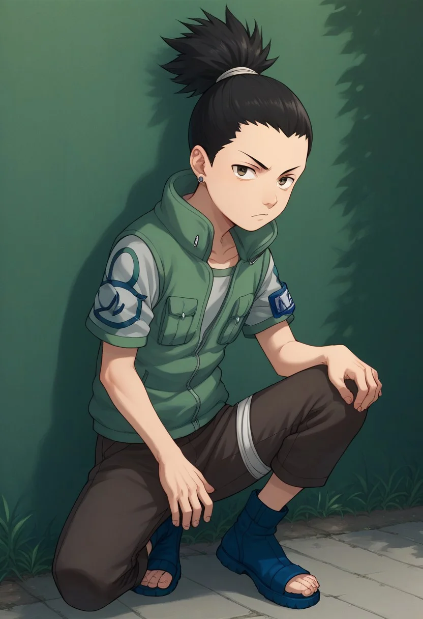 score_9, score_8_up, score_7_up, highly detailed, cute boy, 1boy, solo, young, Shikamaru_Nara, Brown Eyes, Black Hair, Ponytail, Earrings, Flak Jacket, Armband, Brown Pants, Toeless Footwear
