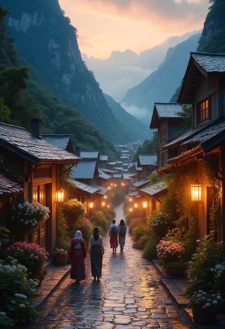 Mountain Village After the Rain
A picturesque village nestled in a lush valley between towering mountains, glistening under the soft light of a post-rain sunset. The streets are slick with water, reflecting the warm glow of lanterns hanging from wooden beams. Locals in traditional attire walk along cobblestone paths, carrying baskets of freshly picked flowers. ral-watce, aidmaMJ6.1