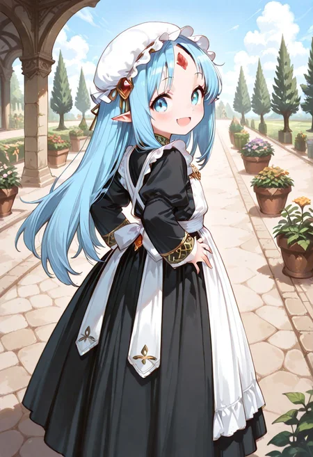 masterpiece, best quality, good quality, very awa, very aesthetic, absurdres, newest, high resolution,high quality,detailed,cute details, gr4ph1t3, beautiful eyes, perfect eyes, detailed eyes, 1girl, solo, reset_kalar_il ,pointy ears,blue hair,long hair,red gem forehead, (maid dress:1.4), full sleeves, classic Victorian style, (black dress:1.4), white maid apron, maid mob cap, looking at viewer, very cute, hands behind, hands touching hips, looking back at viewer, blush, happy smile, from behind, outdoors, garden, beautiful day