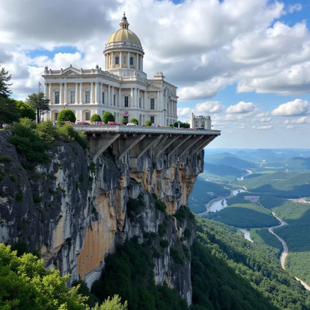A majestic floating city, built on a massive clifftop. The city has a grand, neoclassical architectural style with white marble columns and domes. The undercroppings of the cliff are detailed with intricate stonework and support structures. Lush green valleys and a winding river stretch out below, with distant mountains in the background. The sky is filled with dramatic clouds.