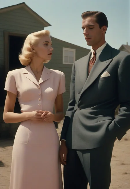 A couple , upper body, hud_40s_lv, pastel color, 1girl, blonde hair, 1boy, closed eyes, suit, dress, film grain, cinematic, <lora:1940s_RS15:1>, outdoors, looking at another retro