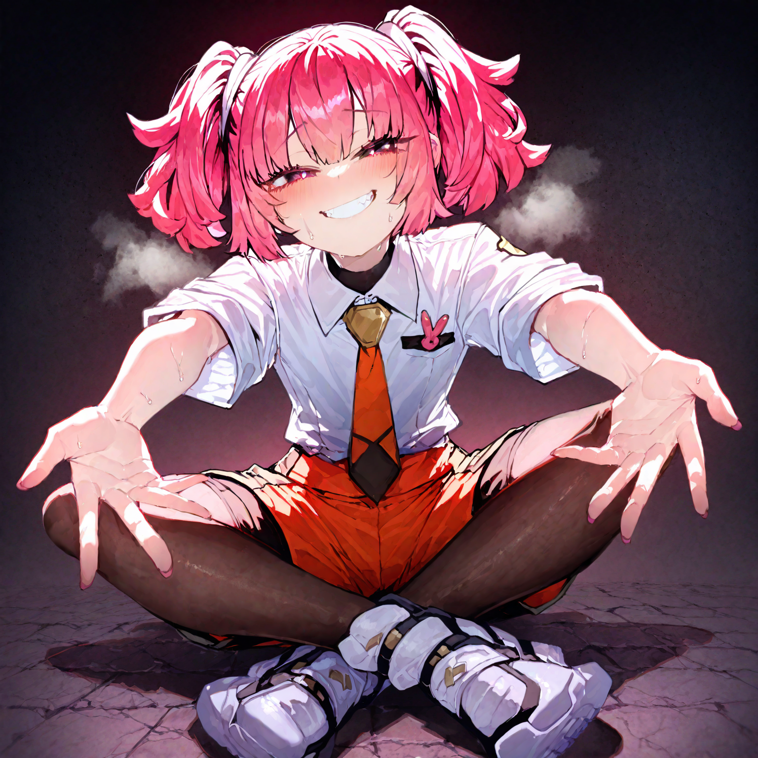 1girl, coral_(pokemon), pokemon_horizons,  rella, rolua,(zyugoya:0.8),quasarcake:0.7, Fishine, negative space, very awa, toraishi 666:0.8,flanvia:0.9  ,negative space, retro_artstyle,mesugaki ,black_eyes, black_footwear, breast_pocket ,collared_shirt ,  grin , looking_at_viewer ,necktie  orange_necktie,orange_shorts ,pink_hair, pocket ,shirt ,shoes ,shorts, smile ,solo ,teeth ,twintails  ,pantyhose,sweat, in heat, steaming body,flat chest, heavy breathing, naughty face, seductive smile, half-closed eyes, outstretched_arms ,sitting, thick thigh,solo,
masterpiece, best quality, Good quality, very aesthetic, absurdres, newest, (Perfect details),
<lora:ponyv5_noobV065S_1_adamW:0.8>, <lora:illustrious_noobai_epsilon_pred_1_best_quality_v1:0.7> ,<lora:illustrious_noobai_epsilon_pred_11_very_aesthetic_v1:0.7> ,<lora:illustrious_noobai_epsilon_pred_1_masterpieces_v1:0.7> , <lora:coralbugXL:0.8>