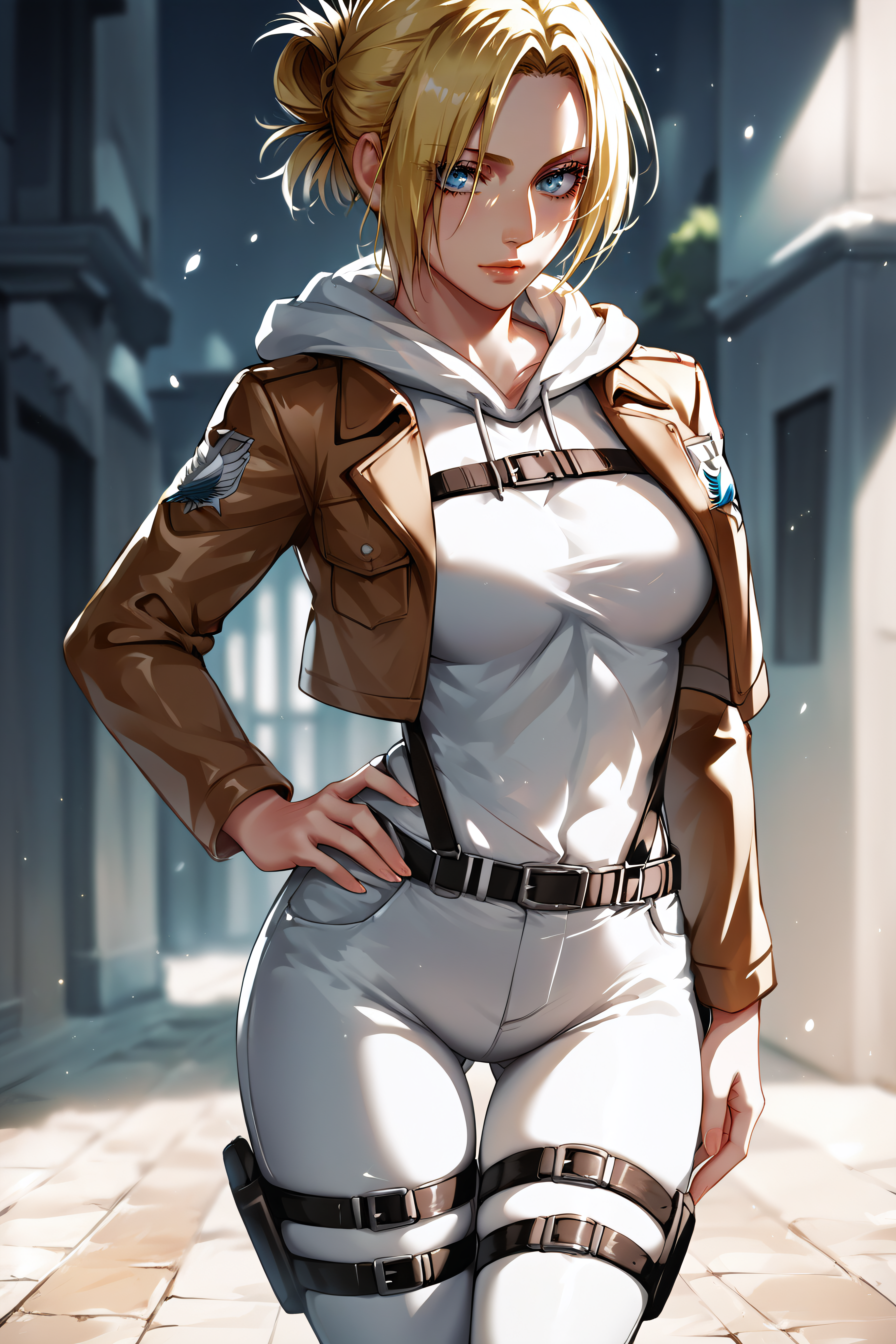 score_9, score_8_up, score_7_up, BREAK source_anime, <lora:annie leonhardt-PonyXL-lora-Faxtron:0.8> annie leonhardt, single hair bun, white hoodie, open cropped brown jacket, white pants, thigh strap, survey corps \(emblem\), knee boots,