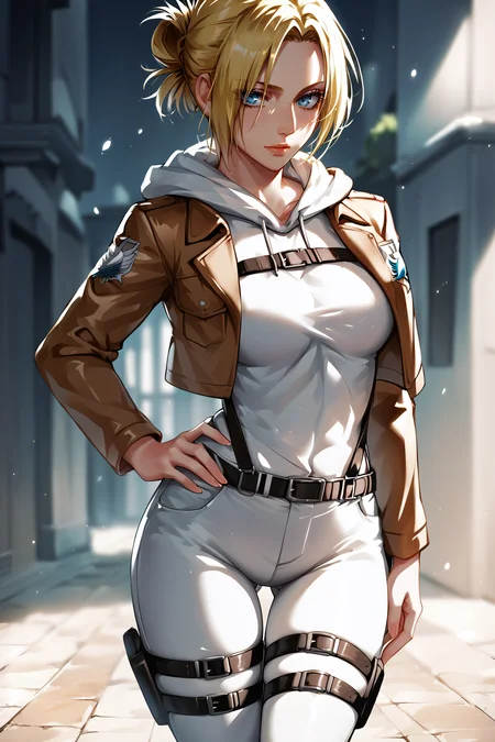 score_9, score_8_up, score_7_up, BREAK source_anime, <lora:annie leonhardt-PonyXL-lora-Faxtron:0.8> annie leonhardt, single hair bun, white hoodie, open cropped brown jacket, white pants, thigh strap, survey corps \(emblem\), knee boots,