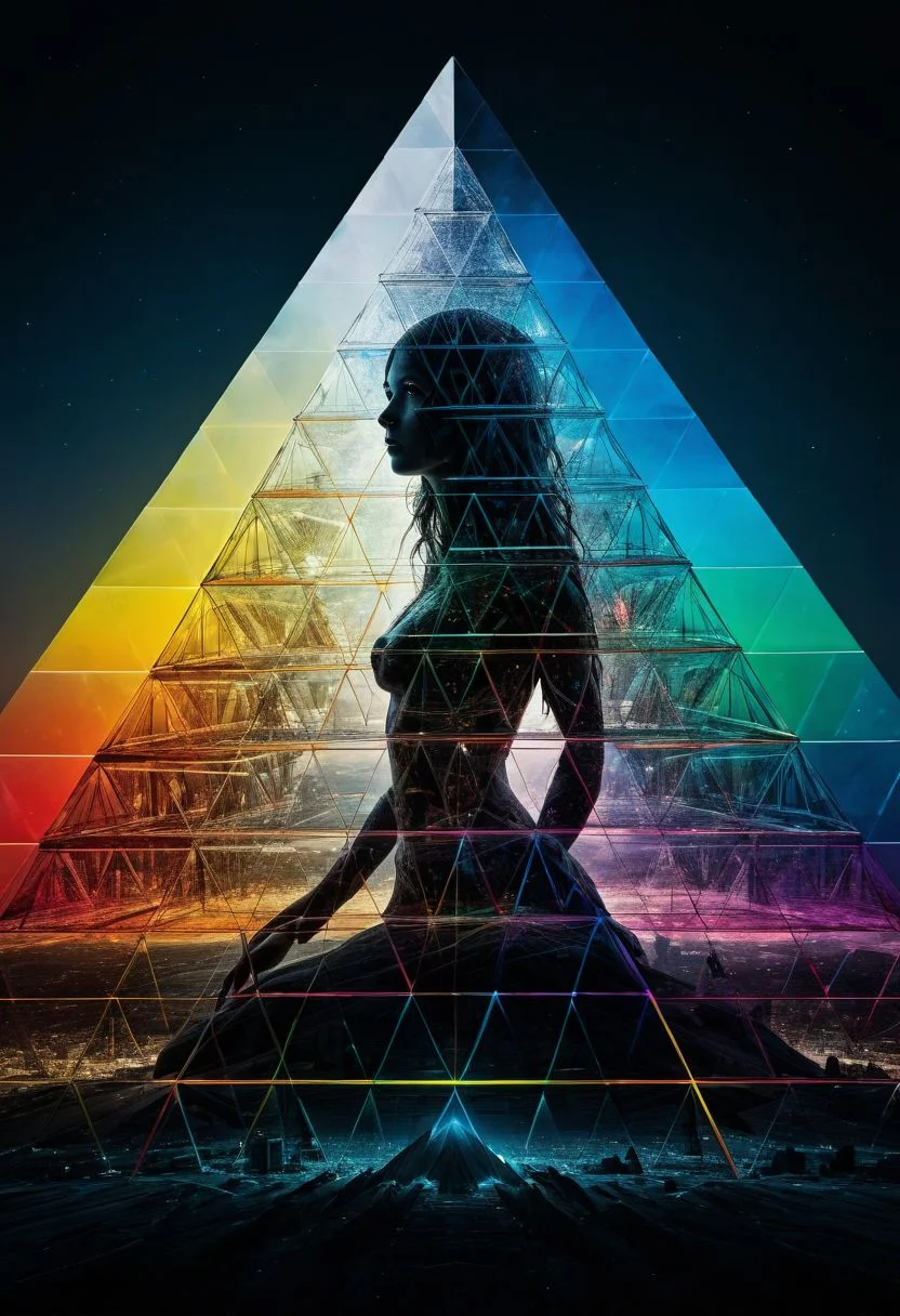 Close-up, album cover, mysterious silhouette woman, (light ray shining on pyramid prism splitting in rainbow colours, dark side of the moon), goddess, alluring, by Minjae Lee, Carne Griffiths, Emily Kell, Steve McCurry, Geoffroy Thoorens, Aaron Horkey, Jordan Grimmer, Greg Rutkowski, amazing depth, double exposure, surreal, geometric patterns, intricately detailed, bokeh, perfect balanced, deep fine borders, artistic photorealism , smooth, great masterwork by head of prompt engineering <lora:add-detail-xl:2> <lora:Double_Exposure:0.5>