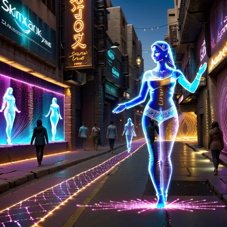 Point-of-view shot full body photo of transparent hologram woman, smiling, Middle Eastern, invitingly  posed, glowing light painting, busy street scene day time, advertising, holographic projection, detailed, 8k  <lora:Transparent_Hologram_Woman_epoch-3-resized:1.0>