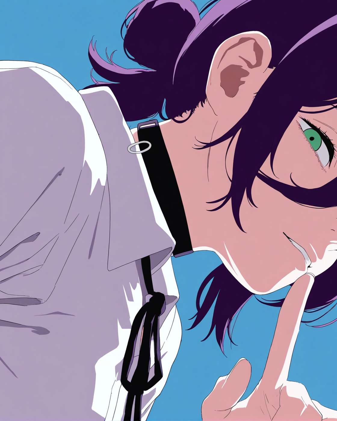 1girl,black undershirt,blue background,from side,looking at viewer,portrait,school uniform,(sideways:1.1),simple background,solo,turtleneck,chromatic aberration,(shushing:0.9),
BREAK reze \(chainsaw man\),1girl,green eyes,medium hair,single hair bun,choker,
masterpiece,best quality,amazing quality,very aesthetic,highres,absurdres,<lora:lookback-noob10-v2-000030>,
