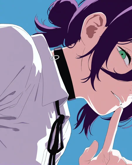 1girl,black undershirt,blue background,from side,looking at viewer,portrait,school uniform,(sideways:1.1),simple background,solo,turtleneck,chromatic aberration,(shushing:0.9),
BREAK reze \(chainsaw man\),1girl,green eyes,medium hair,single hair bun,choker,
masterpiece,best quality,amazing quality,very aesthetic,highres,absurdres,<lora:lookback-noob10-v2-000030>,