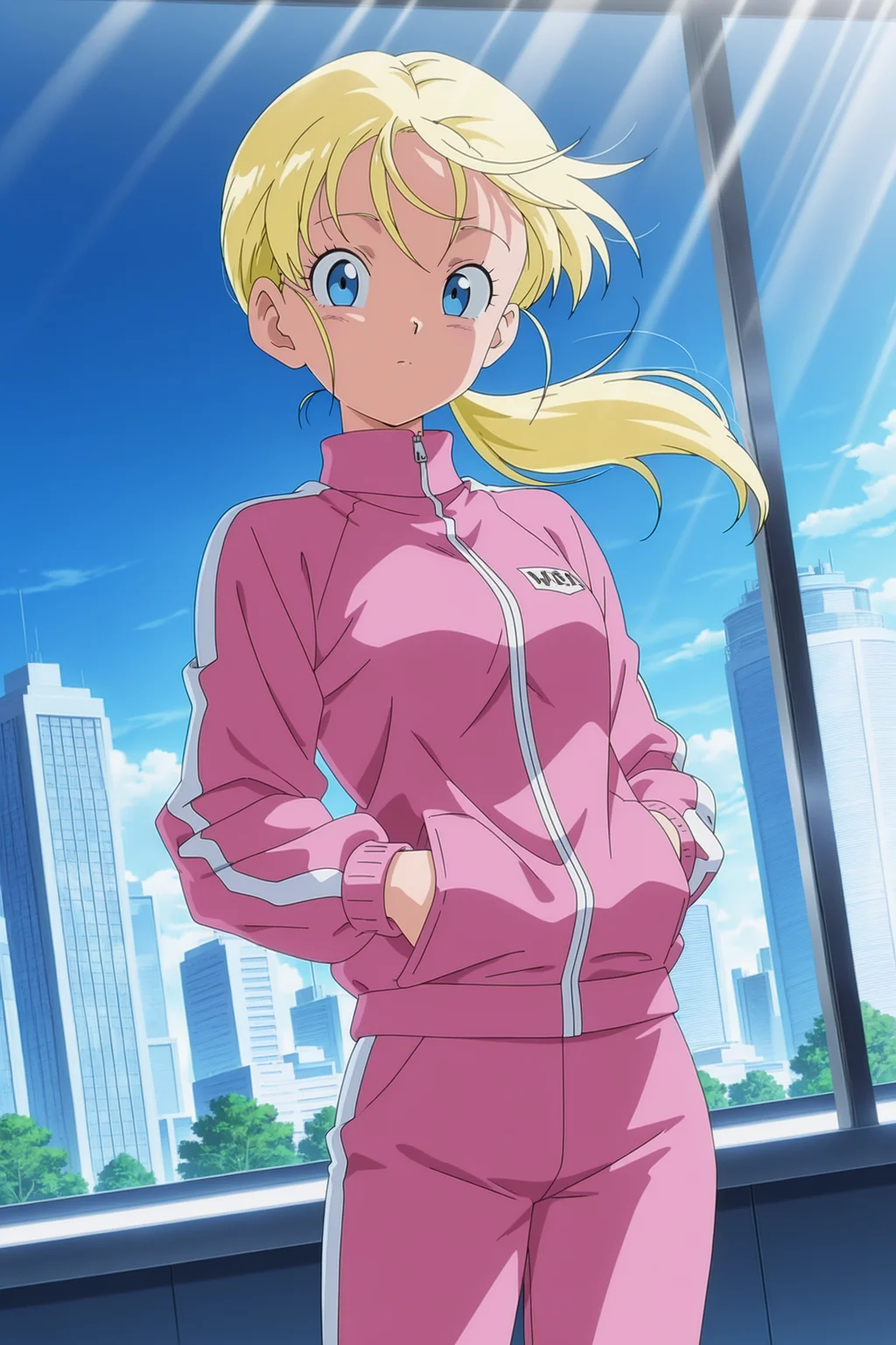 anime screencap, masterpiece, best quality, amazing quality, very aesthetic, absurdres, newest, (scenery, volumetric lighting),
official style, 1girl, solo,
marron, blue eyes, blonde hair, ponytail, wind lift,
pink track pants, pink track suit, cowboy shot, looking at viewer, cityscape, dutch angle, vertical white stripes sleeves, vertical white stripes pants,
dappled sunlight, light rays,
<lora:Marron_IL:0.8>