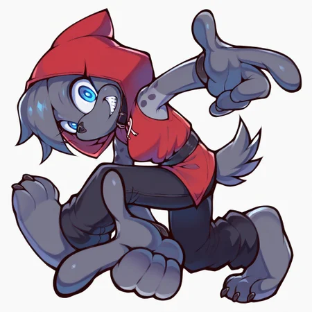 score_9, score_8_up, score_7_up, score_6_up, anthro,, anthropomorphic grey hyena, female, black collar, 1girl, grey fur, blue eyes, (red hood:1.3), black sleeveless, black work pants, hands on own head, looking at viewer, grin, teeth, full body, sonic adventure pose